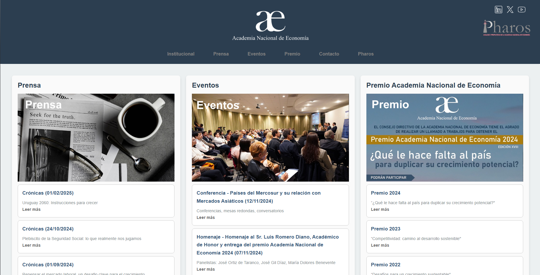 Proyecto ACADECO - Academia Nacional de Economía - Sitio web completamente autogestionable con panel administrativo, permitiendo al cliente gestionar todas las secciones.